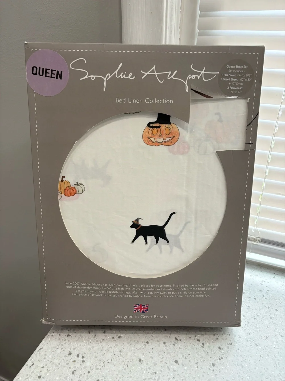 NEW Sophie Allport Queen Sheet Set - “Pumpkin Cat” Black Cat & Pumpkin Pattern